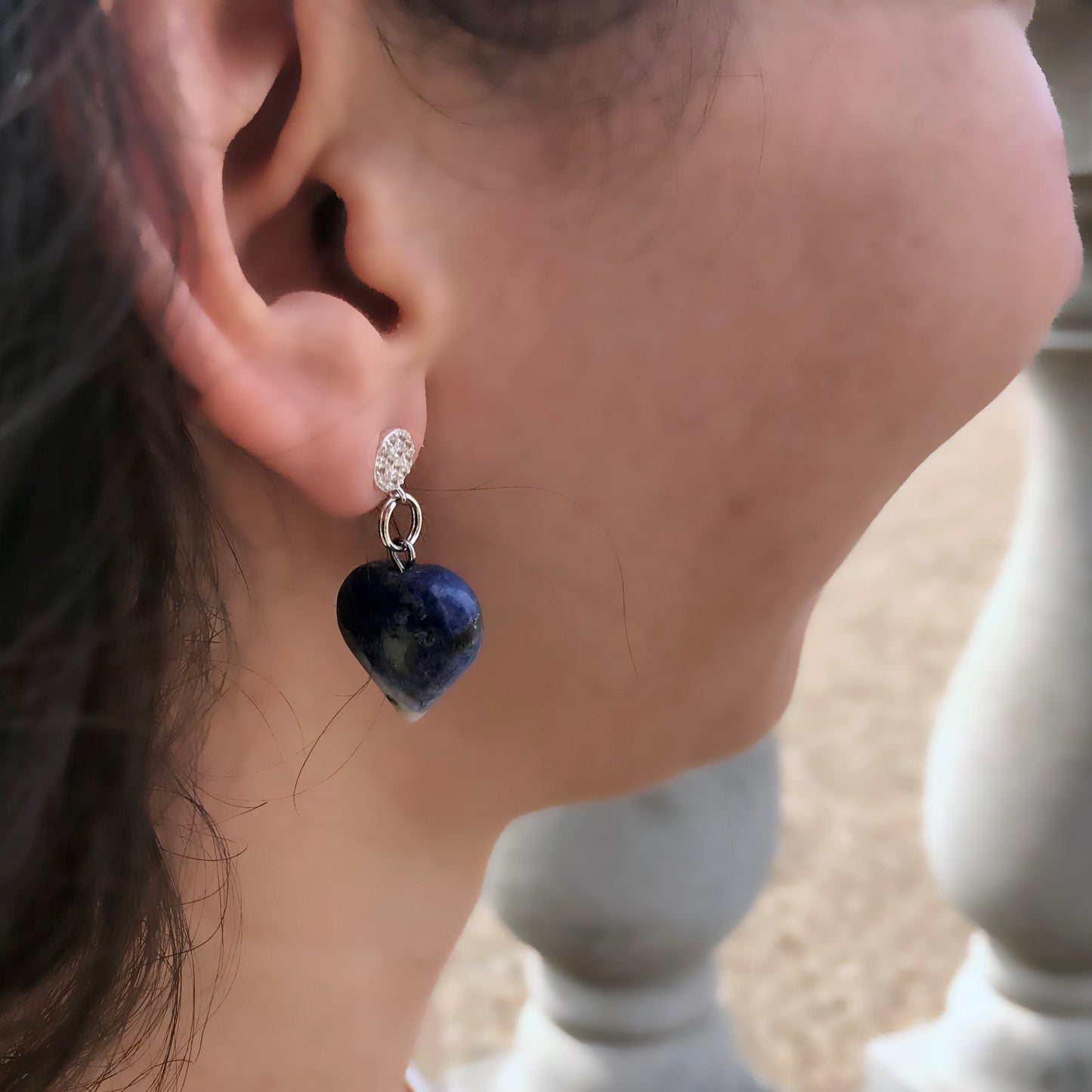 Sodalite Blue Gemstone Hearts Sterling Silver and Cubic Zirconia Stud Earrings