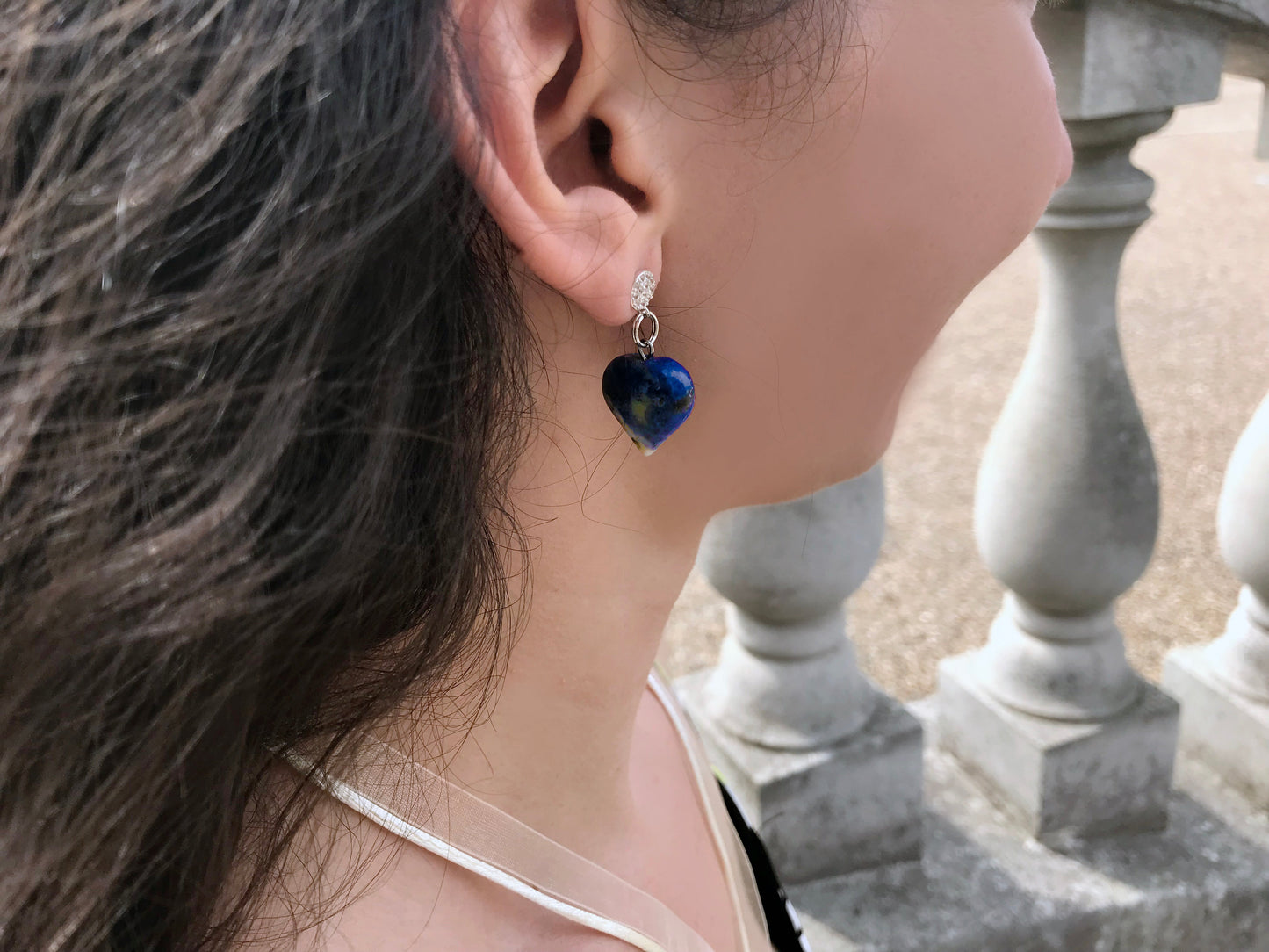 Sodalite Blue Gemstone Hearts Sterling Silver and Cubic Zirconia Stud Earrings