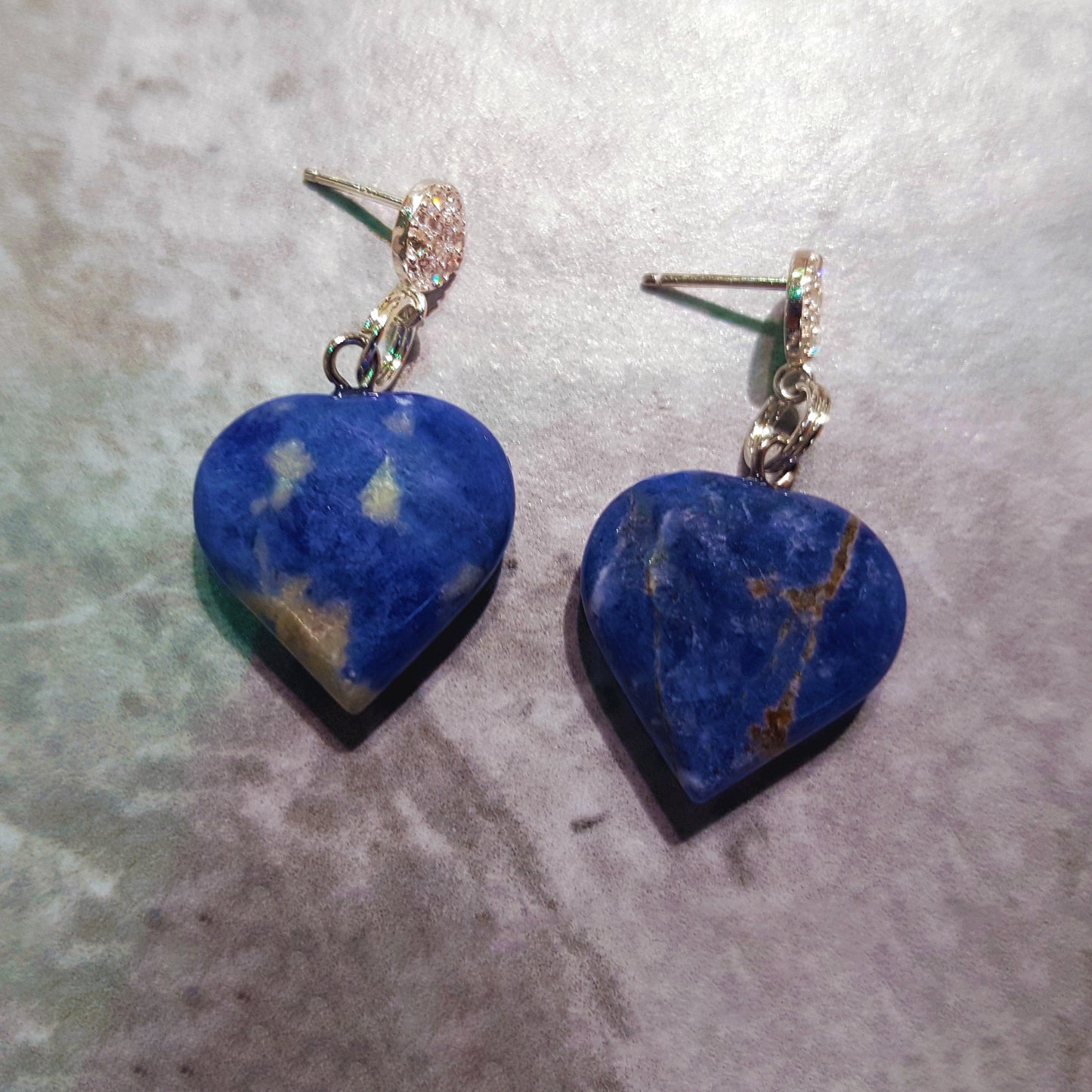 Sodalite Blue Gemstone Hearts Sterling Silver and Cubic Zirconia Stud Earrings
